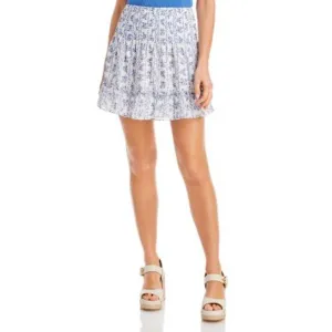 AQUA Ladies Retro Smocked Ruffle Mini Skirt, White w/ Blue Floral Print, NWT!!