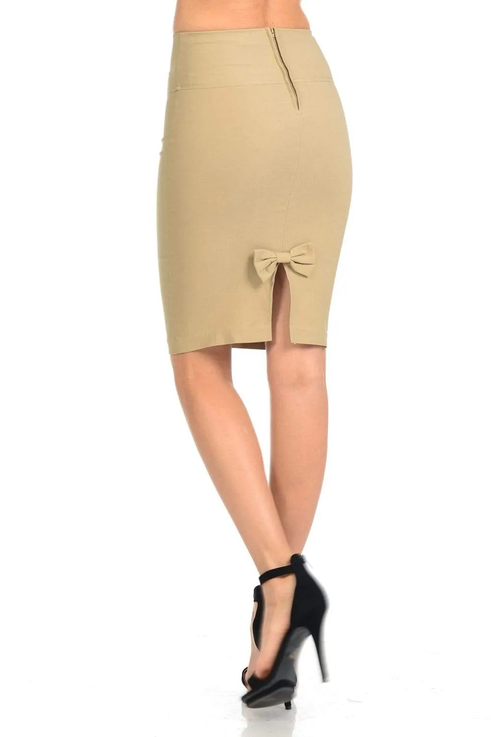 Auliné Collection Women's High Waisted Stretchy Slit Bodycon Pencil Skirt, Ruffled or Ribboned