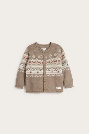 Baby brown jacquard knitted owl cardigan