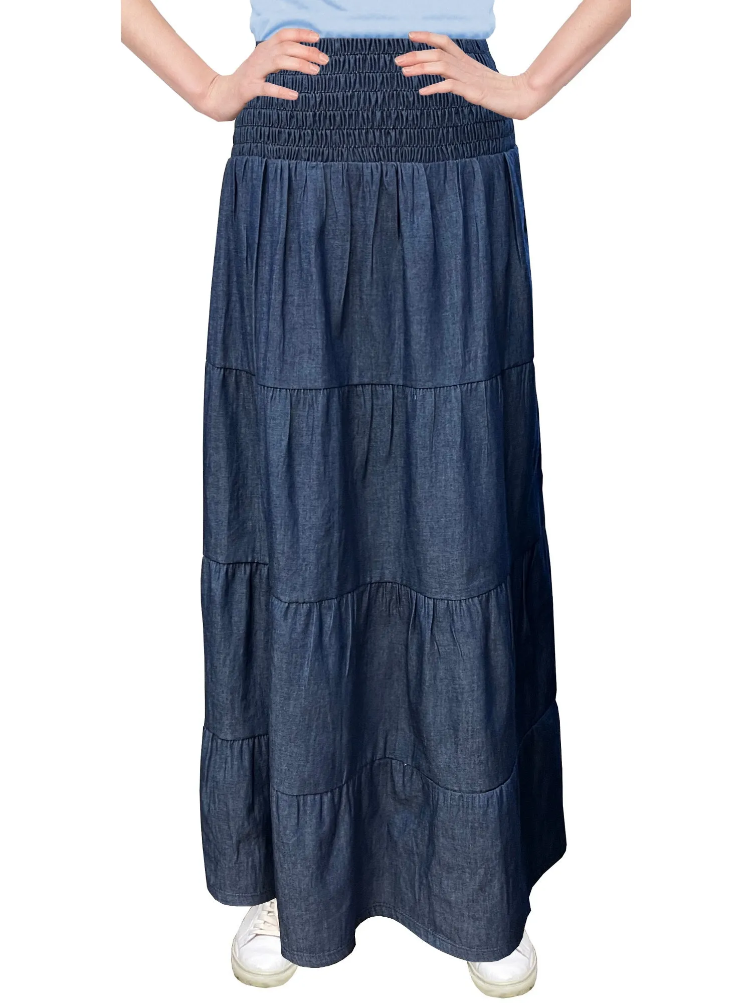 Baby'O Women's' Long Ankle Length Smocked Waist Summer Weight Denim Tiered Western Prairie Skirt