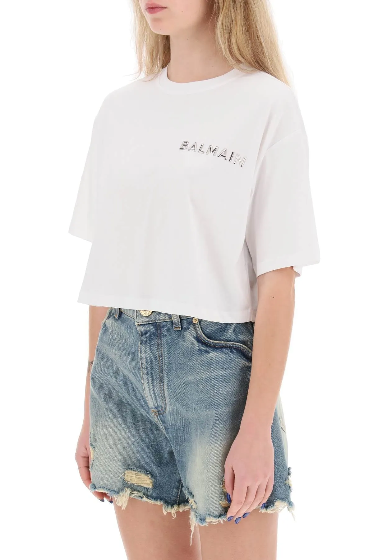 BALMAIN cropped t-shirt with metallic logo