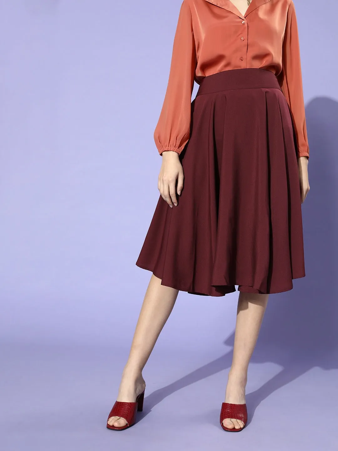 Berrylush Women Solid Maroon Flared A-Line Midi Skirt