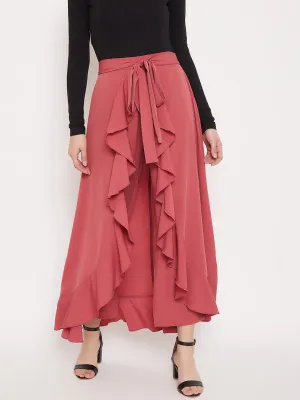 Berrylush Women Solid Pink Waist Tie-Up Ruffled Maxi Skirt With Attached Trousers