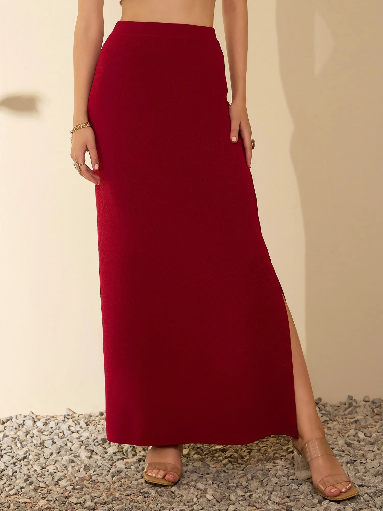 Berrylush Women Solid Red High-Rise Waist Slip-On Thigh-High Slit Straight Hem Knitted Maxi Skirt