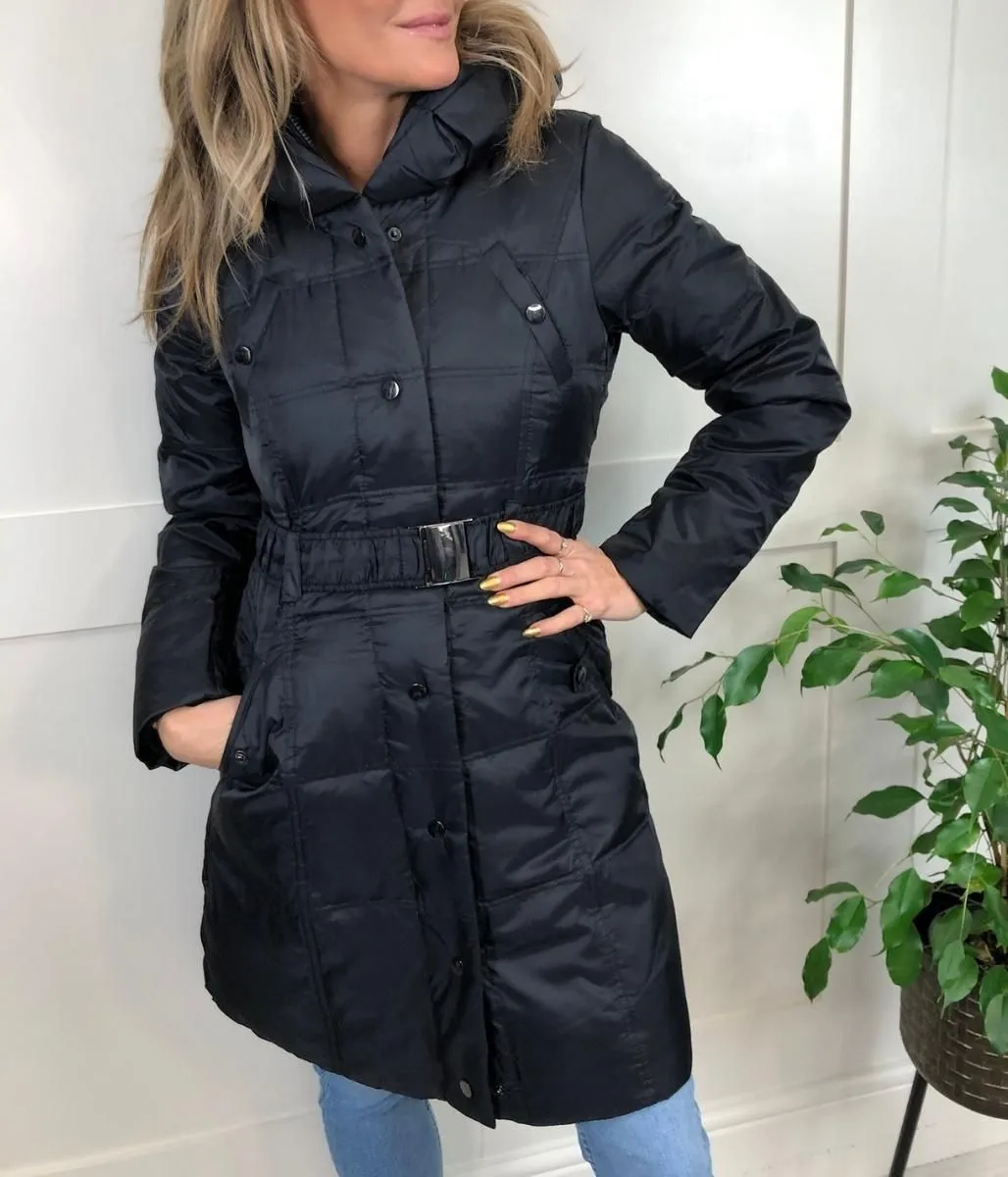 Black Shawl Collar Belted Down Coat