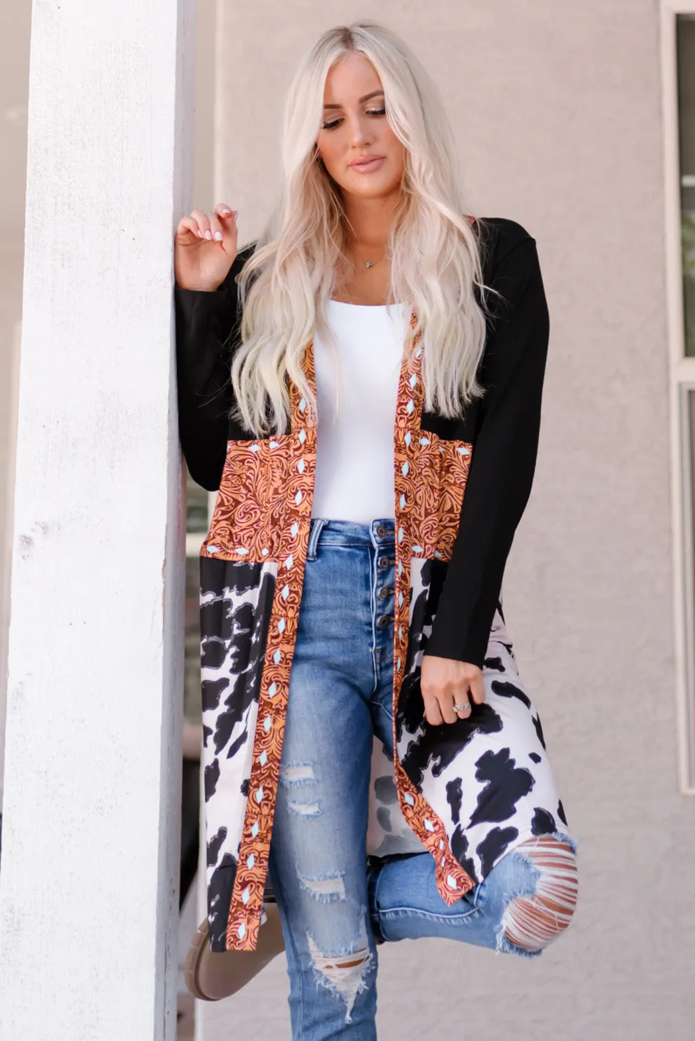 Black Western Pattern Cow Patchwork Open Front Cardigan