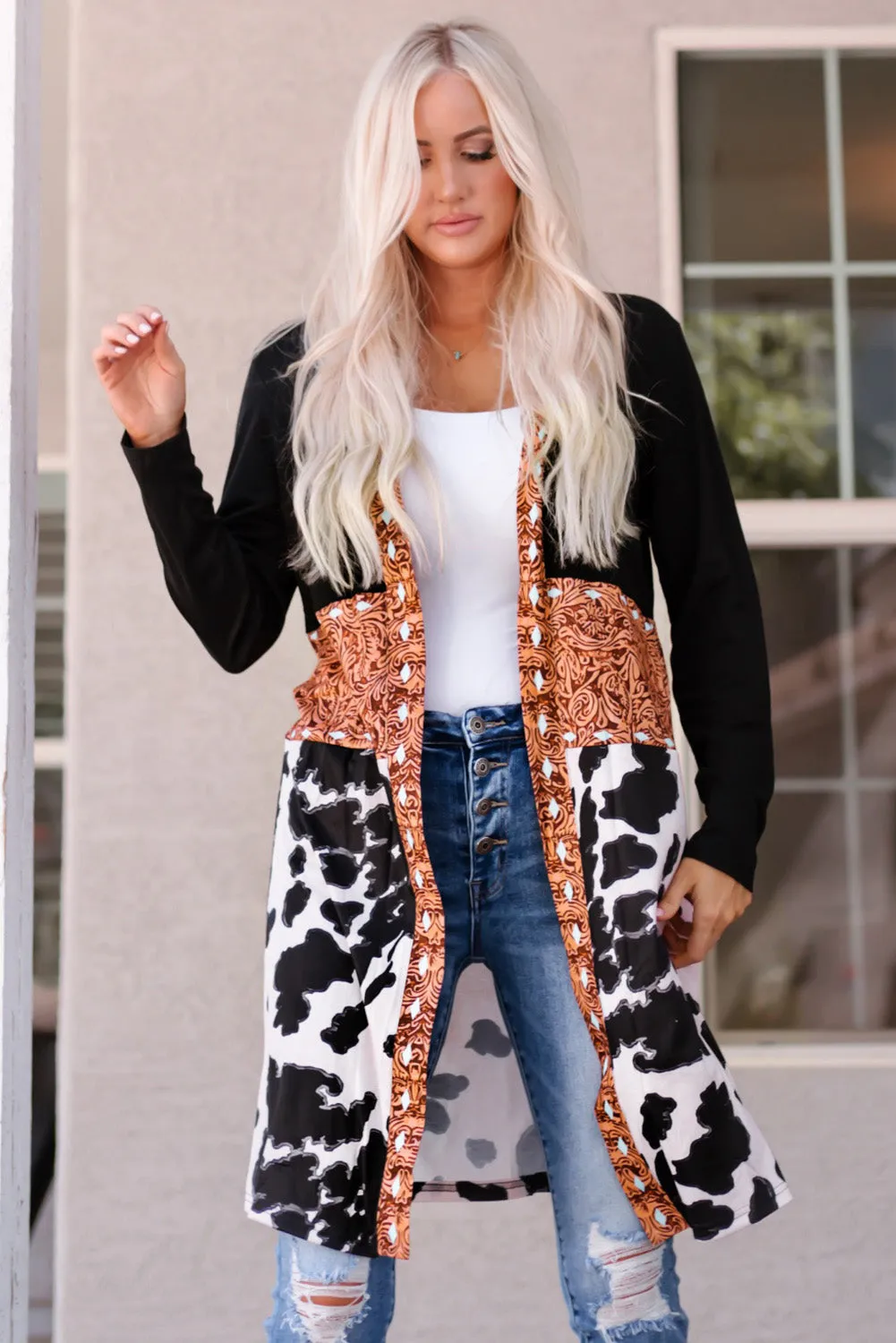 Black Western Pattern Cow Patchwork Open Front Cardigan