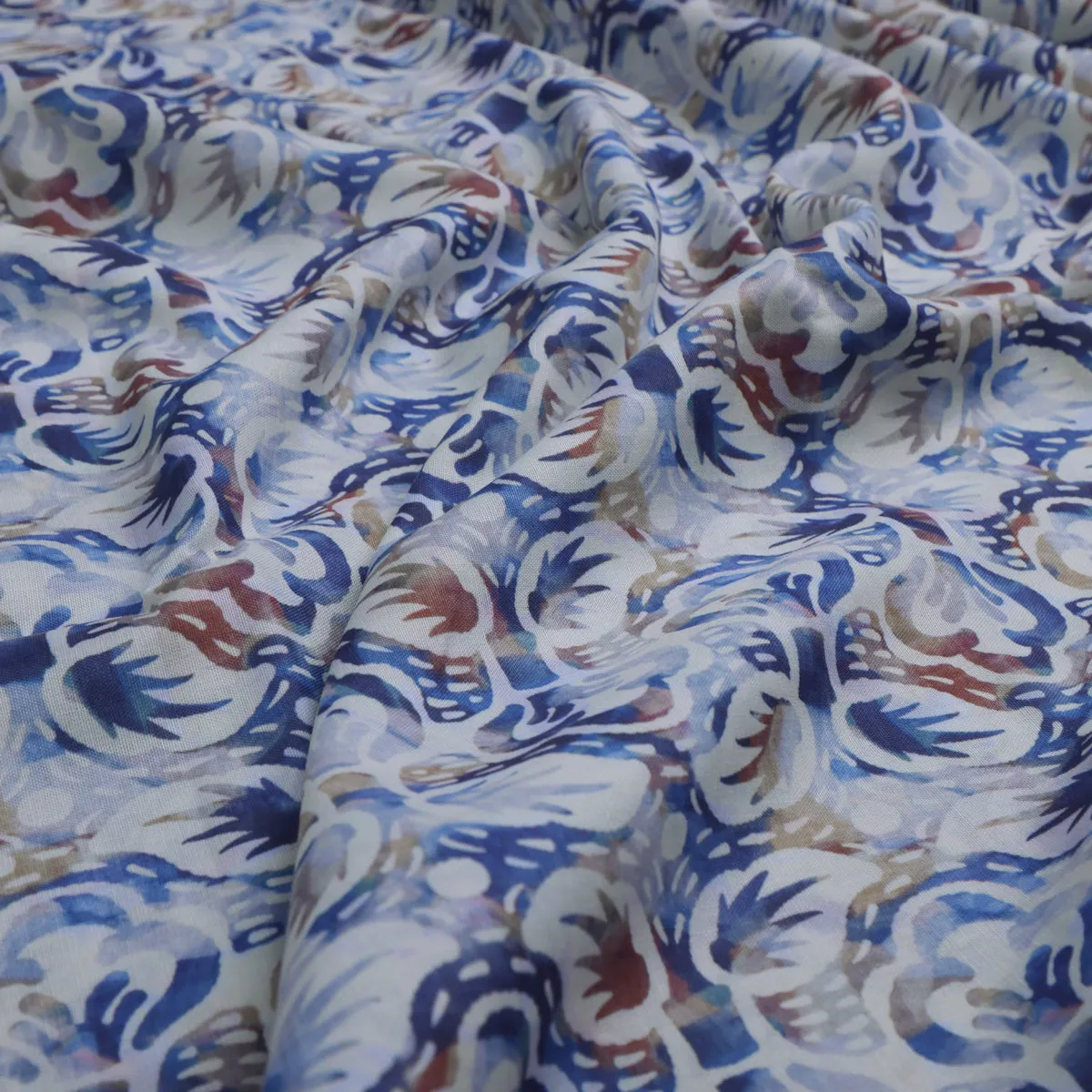 Blue and Brown Floral Printed Linen Fabric