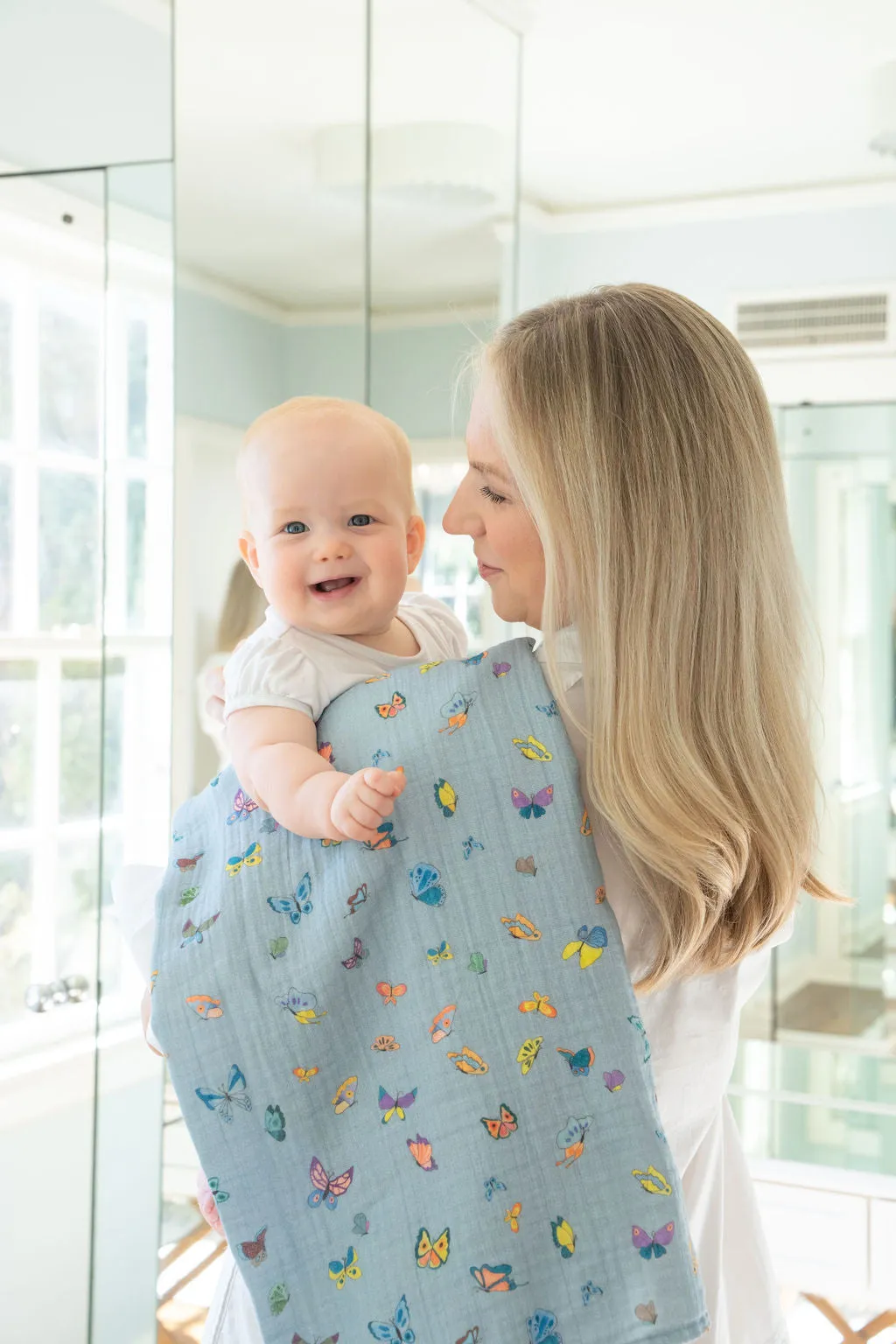 Blue Madame Butterfly Shawl Blanket and Bib Set