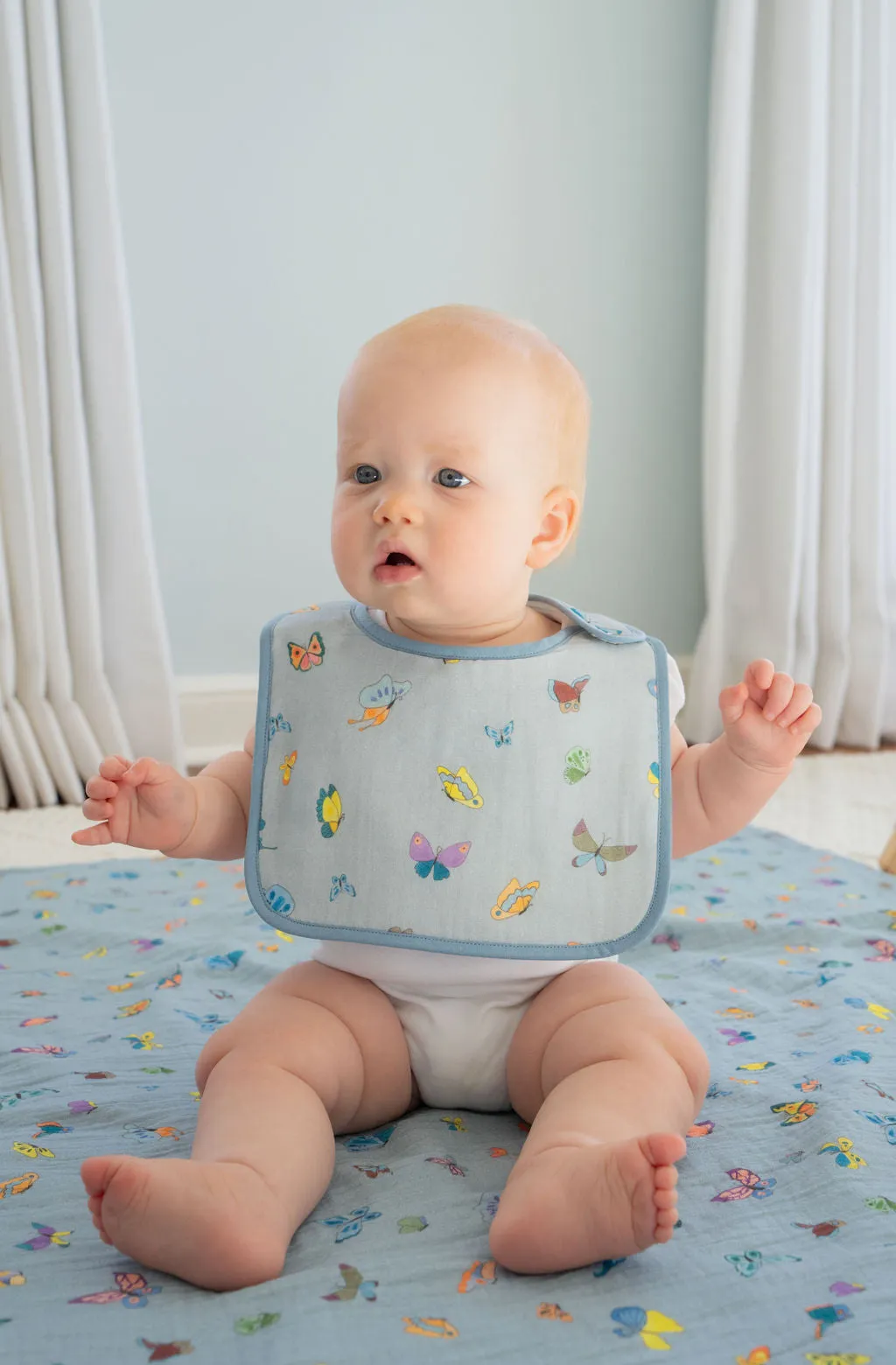 Blue Madame Butterfly Shawl Blanket and Bib Set