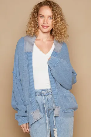 Bohemian Blue Open Front Washed Knit Cardigan with Pockets