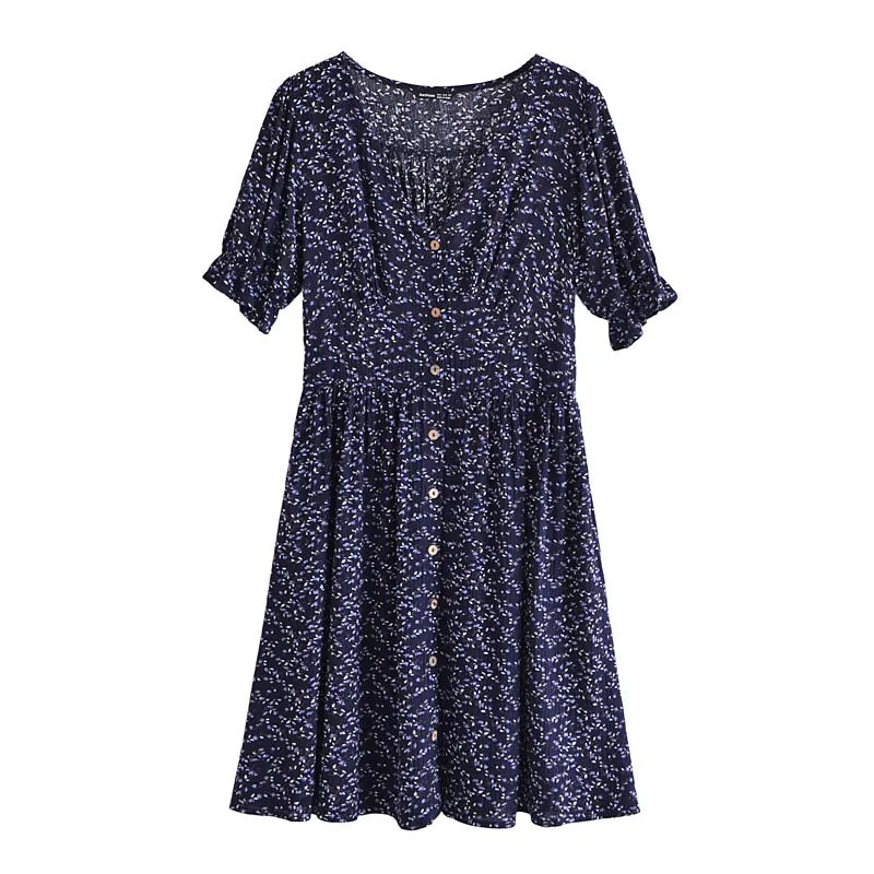 Bohemian Floral Print Mini V Neck Summer Beach Ruffle Short Sleeve A-line Buttons Casual Dress