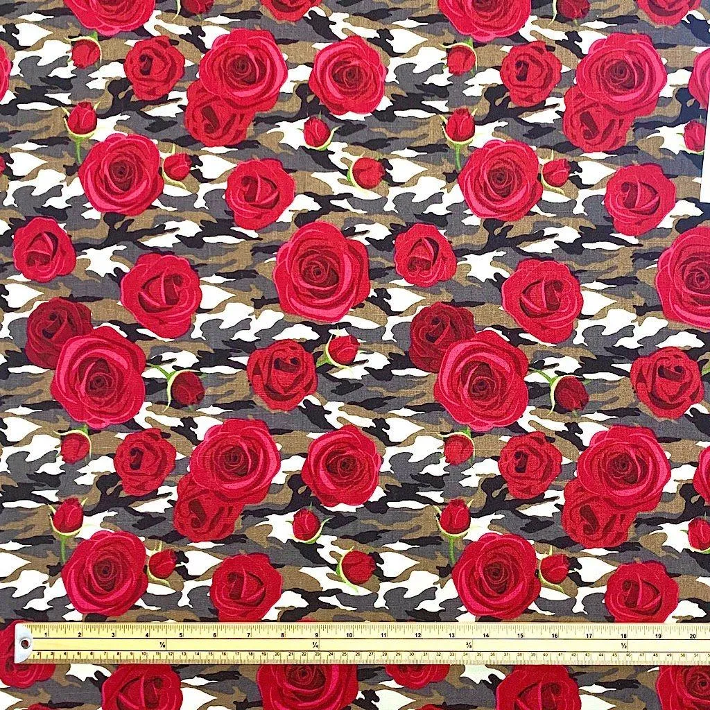 Camo Roses Cotton Canvas Fabric