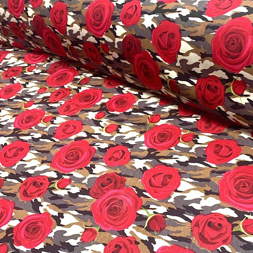 Camo Roses Cotton Canvas Fabric