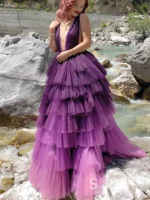 Chic A-line Deep V neck Grape Long Prom Dresses Ombre Evening Gowns MHL159