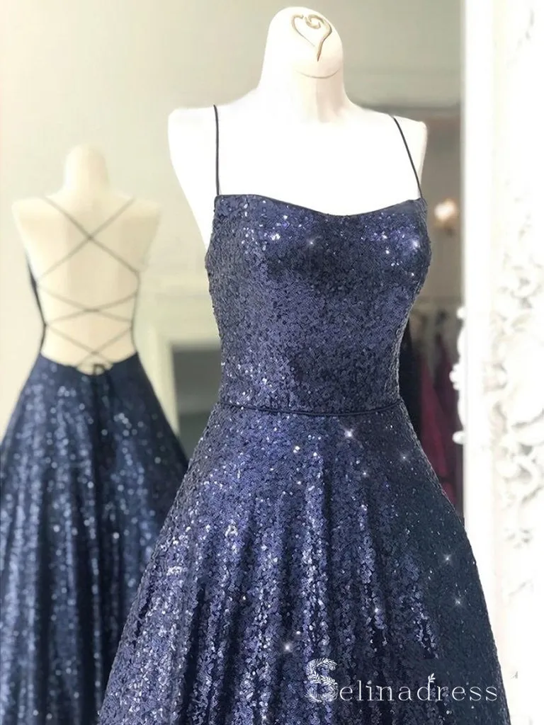 Chic A-line Spaghetti Straps Dark Navy Long Prom Dresses Sequins Evening Dress CBD221