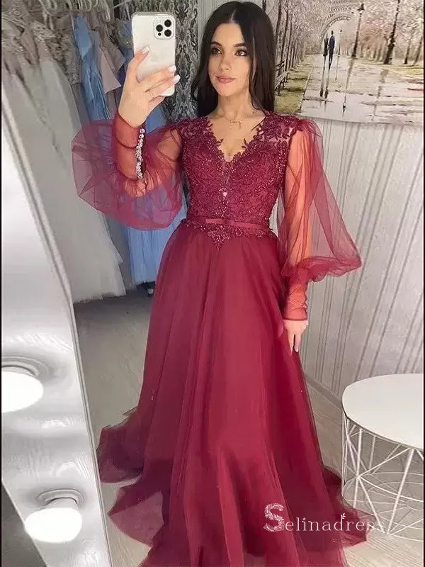 Chic A-line V neck Long Sleeve Burgundy Long Prom Dresses Cheap Evening Dresses MLH1223