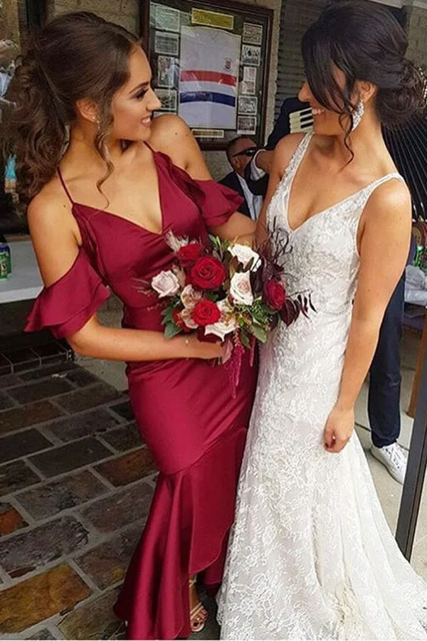 Chic Burgundy High Low Mermaid Spaghetti Straps Bridesmaid Dresses, BD129