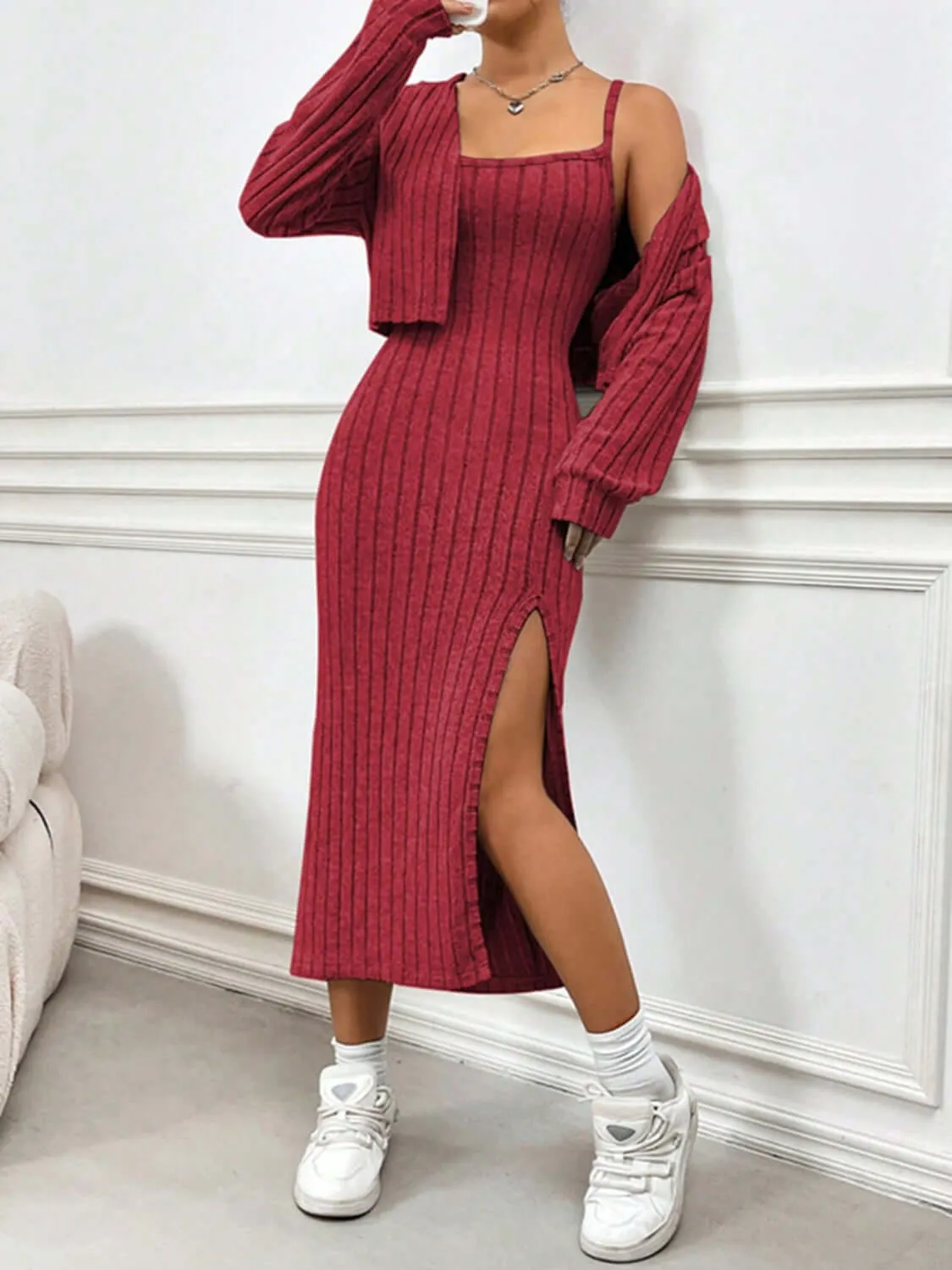 Cozy Glam: Ribbed Cardigan & Slit Cami Dress Set