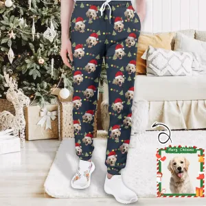 Custom Pet Face with Hat Christmas Tree Gifts Men's Sweatpants Personalized Sports Pants