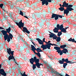 Designer Floral Branches Rayon Challis Aqua/Coral