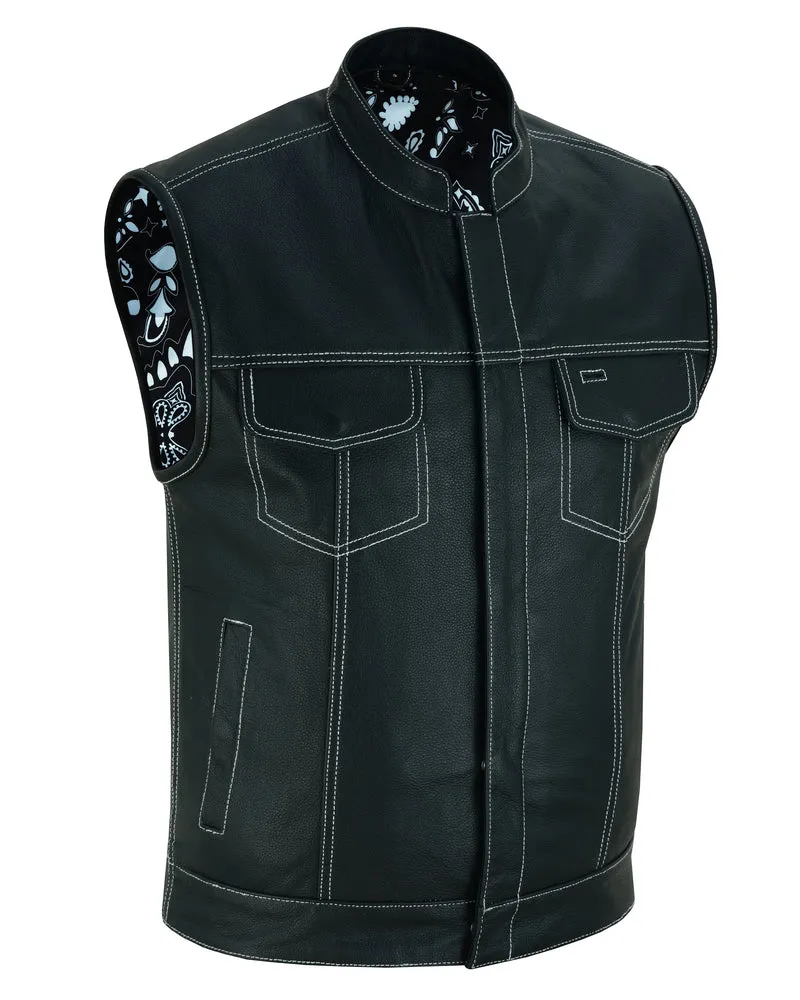 DS164 Men's Paisley Black Leather Motorcycle Vest with White Stitchin