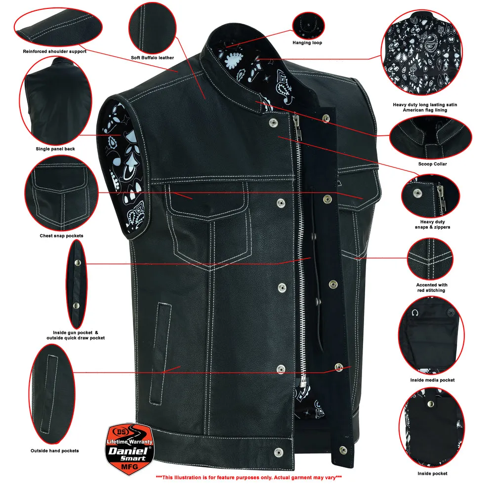 DS164 Men's Paisley Black Leather Motorcycle Vest with White Stitchin