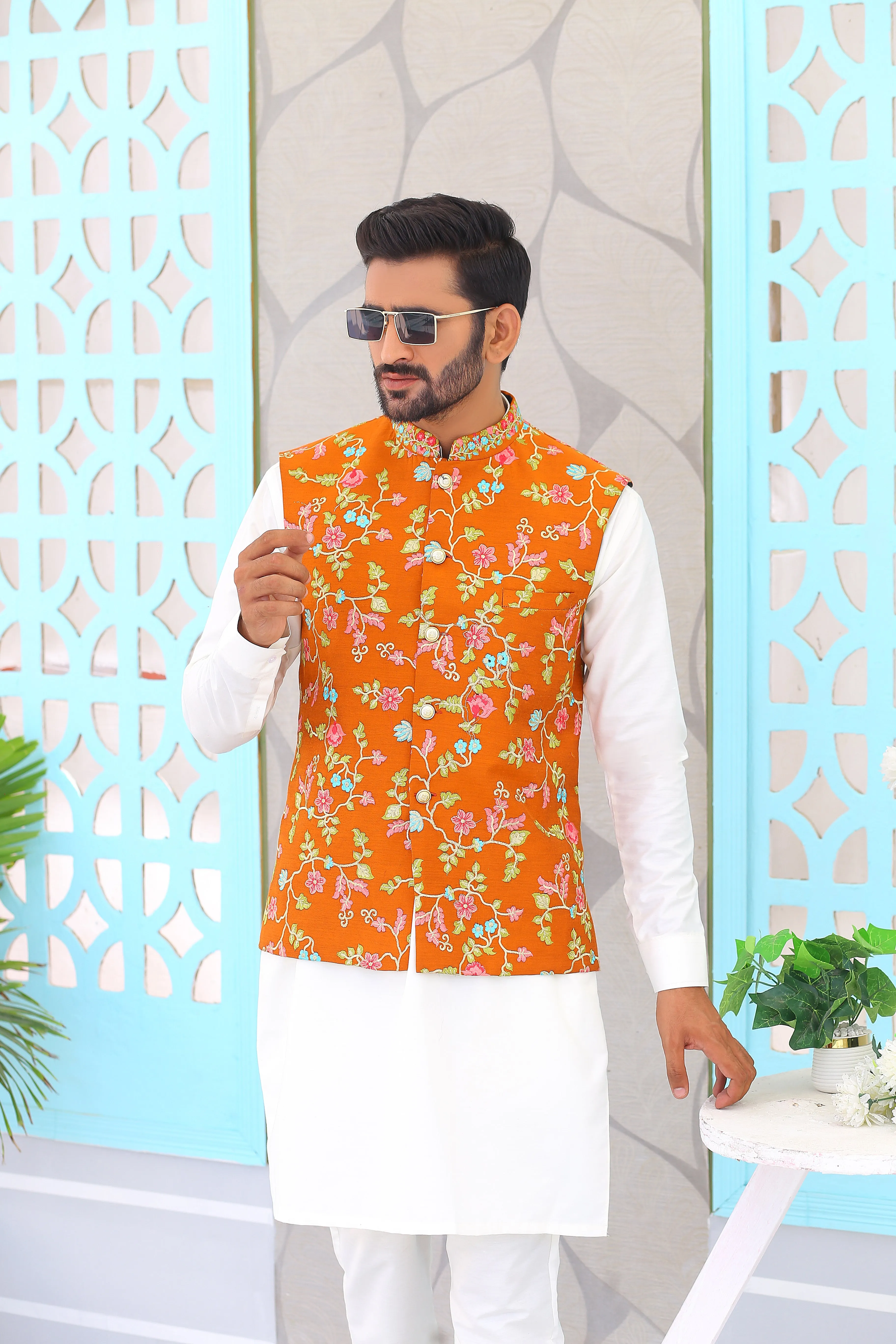 ER WC 1064 Yellow Embroidery Waistcoat For Men