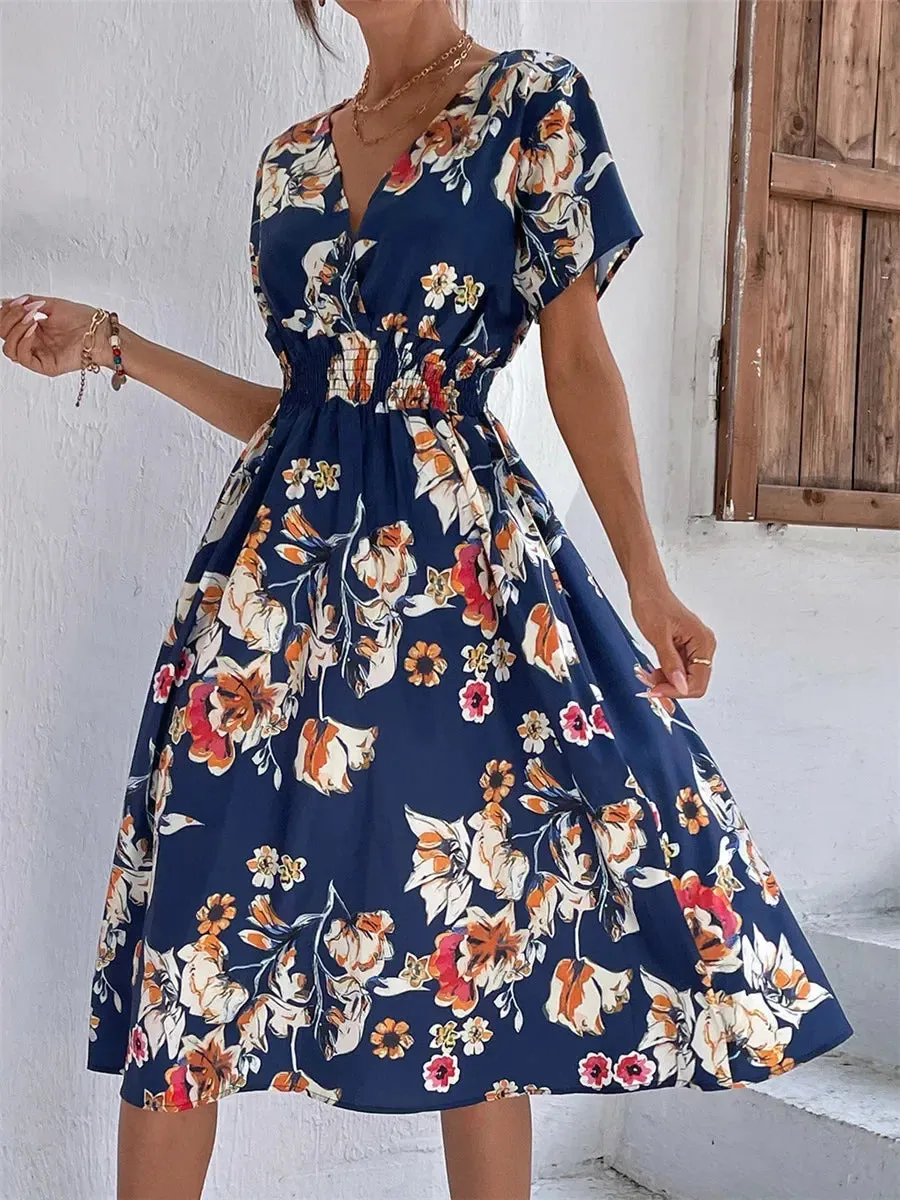 Floral Summer Long Sleeve Chic Clothing Midi Dress for Holiday