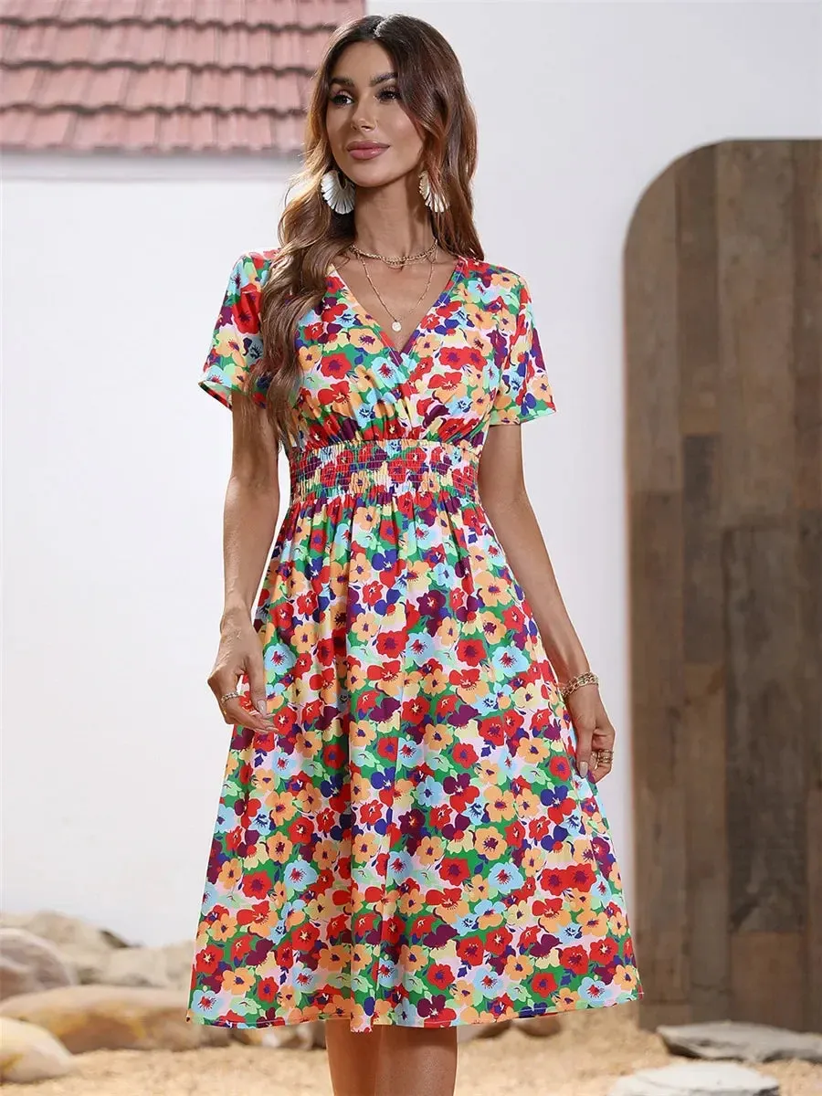 Floral Summer Long Sleeve Chic Clothing Midi Dress for Holiday