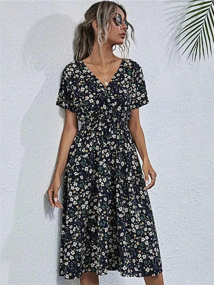 Floral Summer Long Sleeve Chic Clothing Midi Dress for Holiday