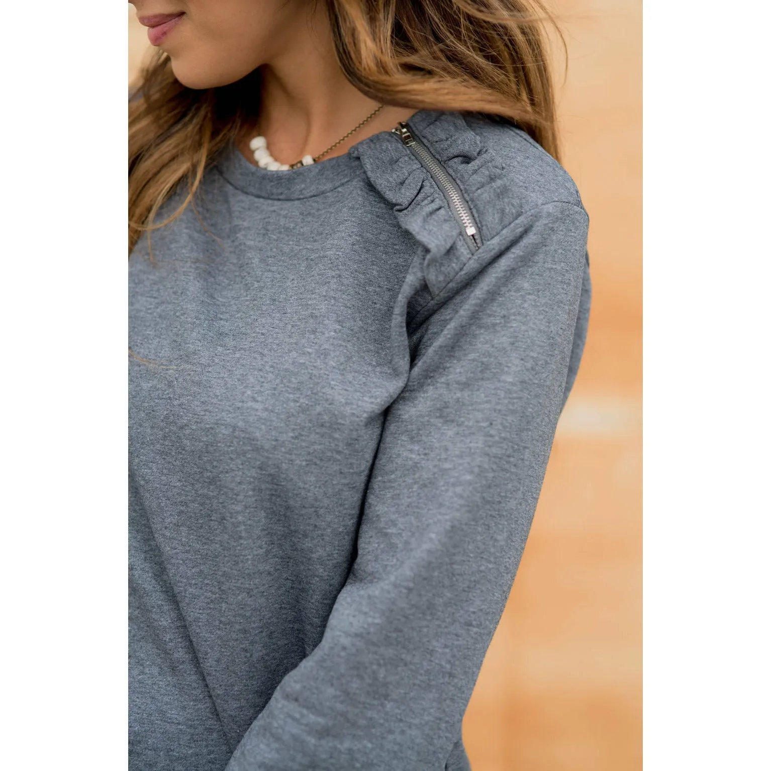 Frills Shoulder Zipper Accent Sweatshirt