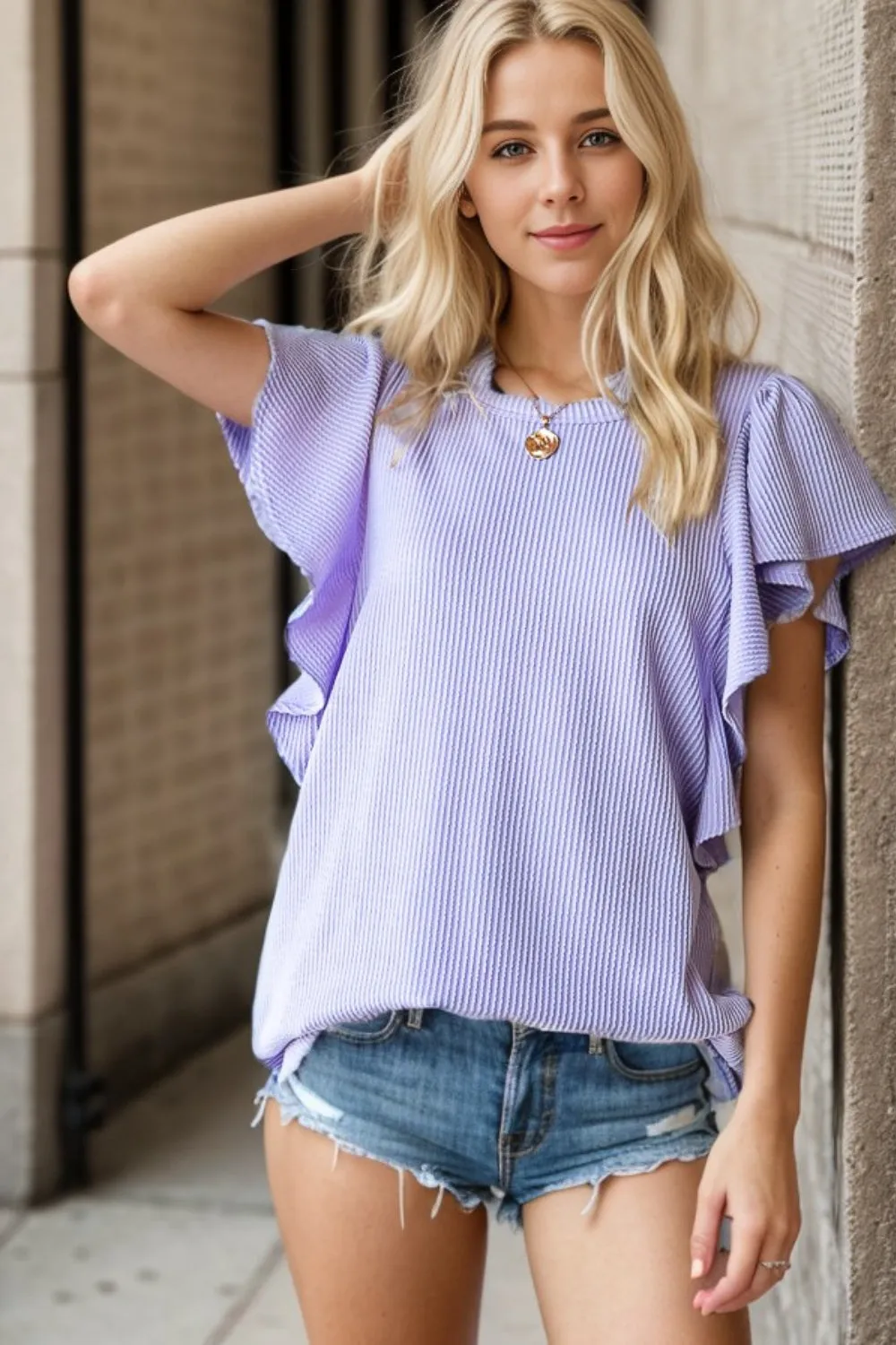 Full Size Ruffled Sleeve Ribbed Top