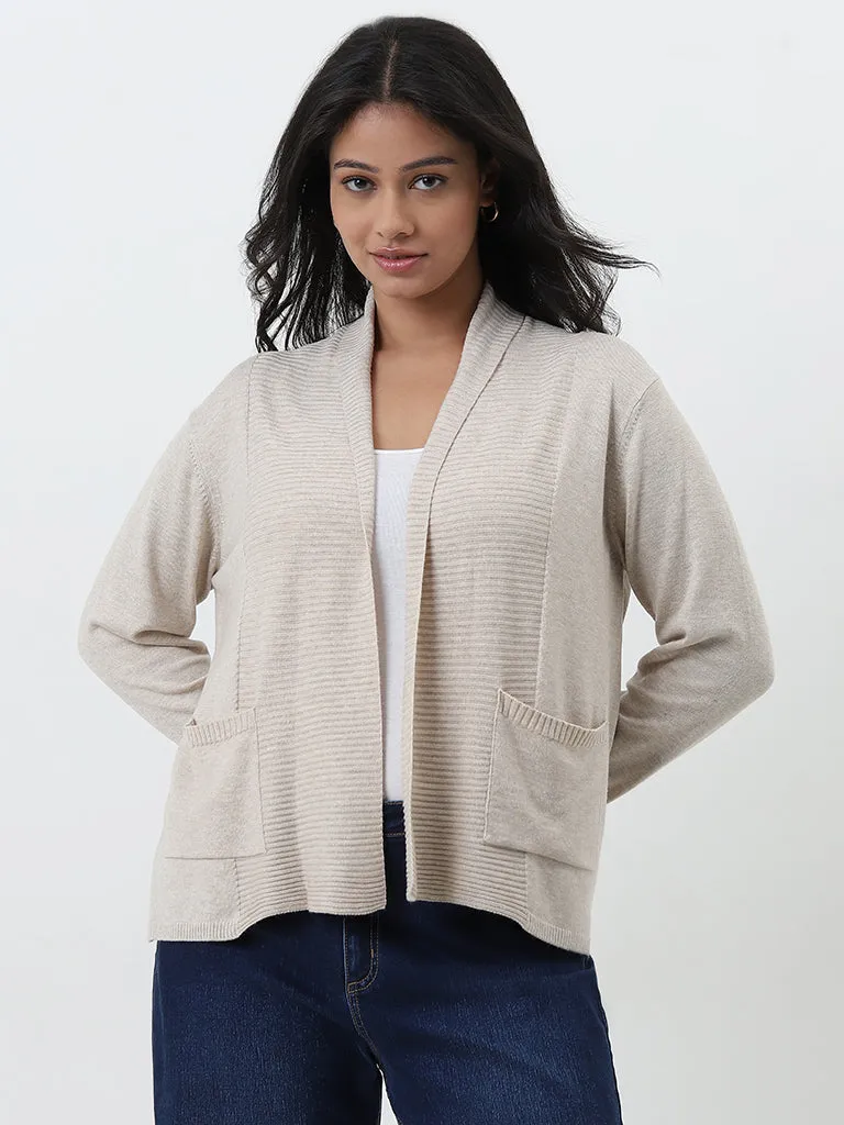 Gia Beige Self-Striped Cardigan