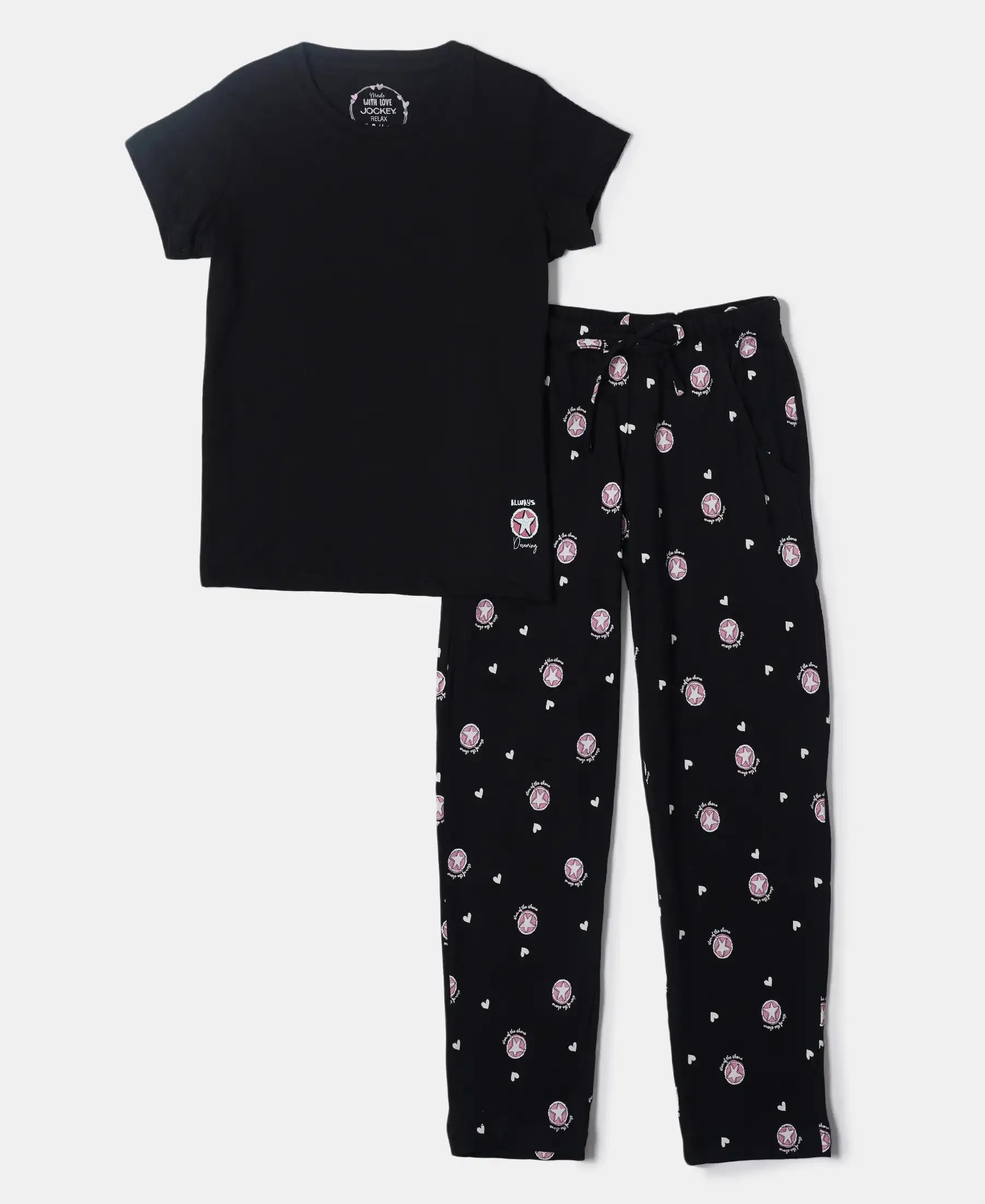 Girl's Super Combed Cotton Short Sleeve T-Shirt and Printed Pyjama Set - Black