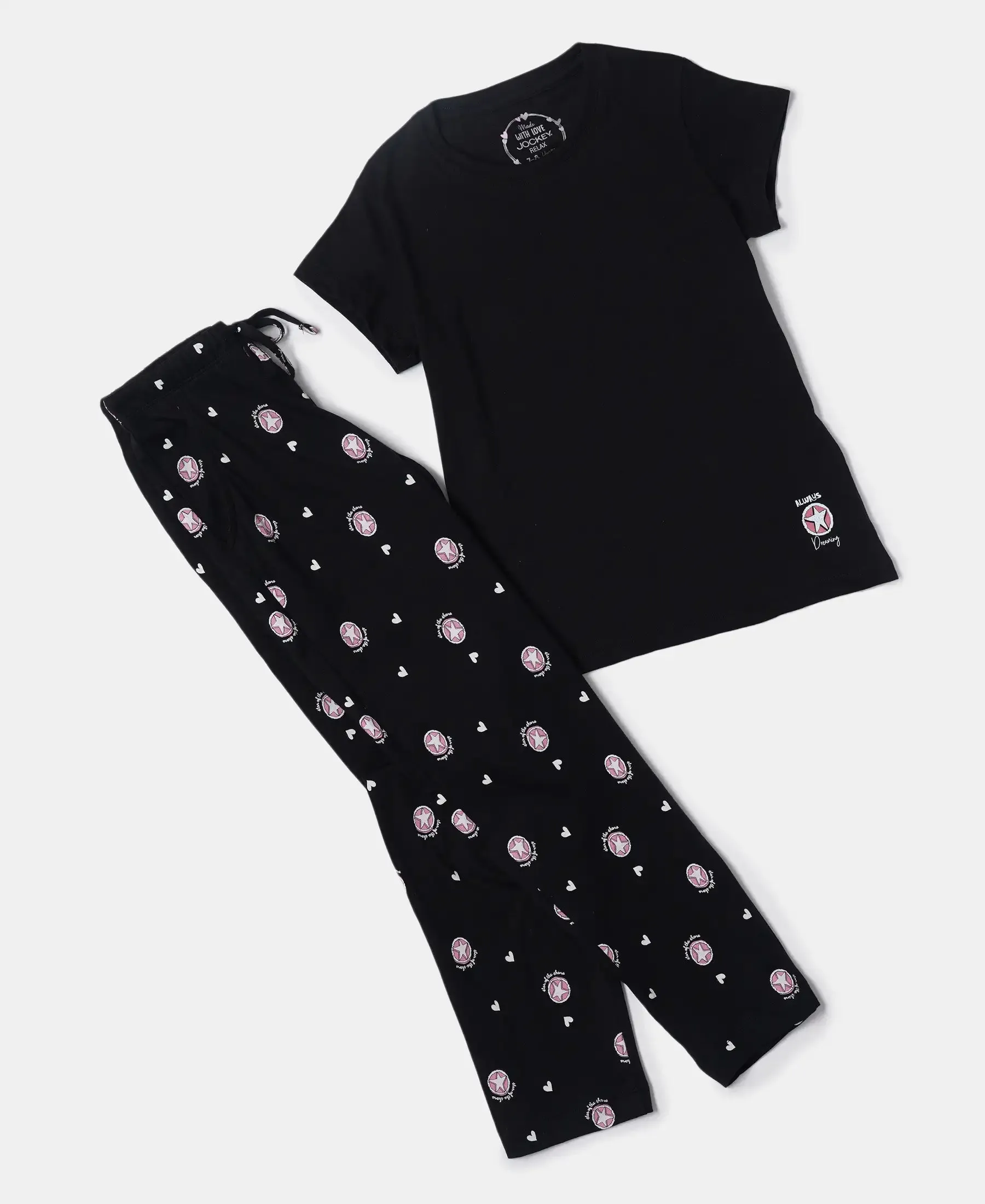 Girl's Super Combed Cotton Short Sleeve T-Shirt and Printed Pyjama Set - Black