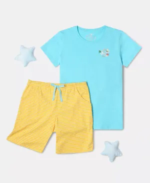 Girl's Super Combed Cotton Short Sleeve T-Shirt and Printed Shorts Set - Spectra Yellow -Blue Radiance