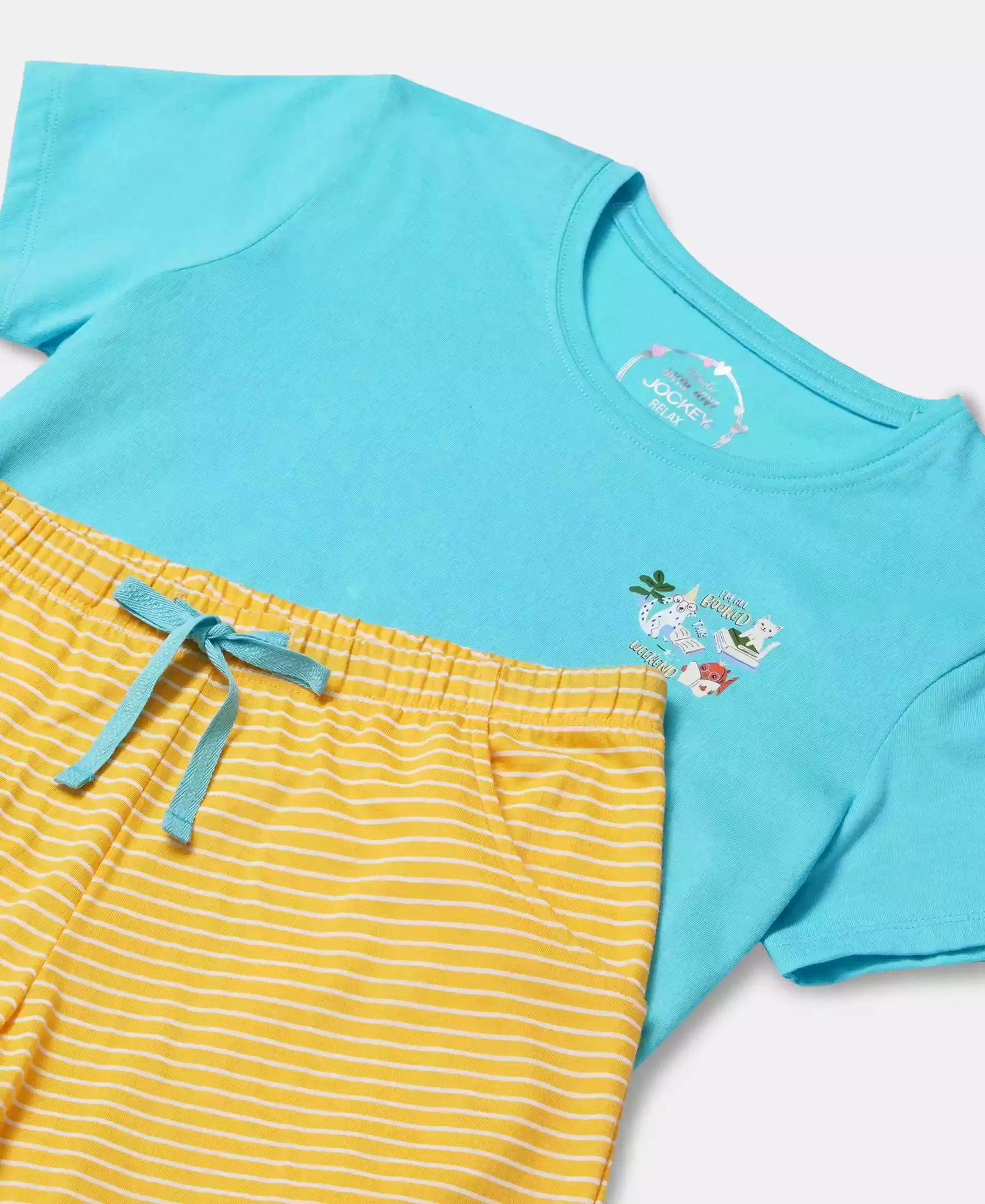 Girl's Super Combed Cotton Short Sleeve T-Shirt and Printed Shorts Set - Spectra Yellow -Blue Radiance