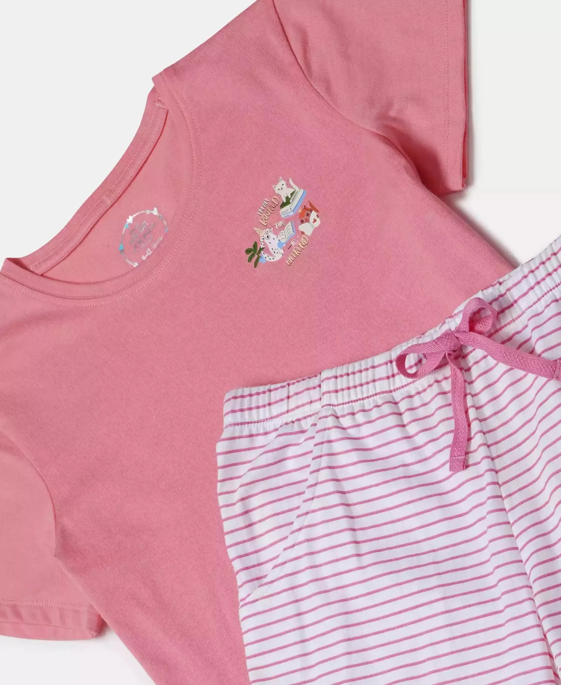 Girl's Super Combed Cotton Short Sleeve T-Shirt and Printed Shorts Set - White-Flamingo Pink