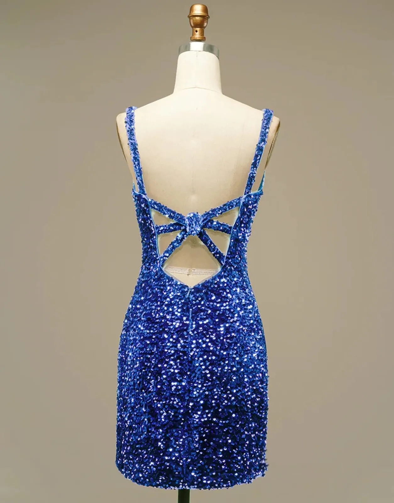 Glitter Blue Sequin Straps Backless Mini Prom Homecoming Party Dress