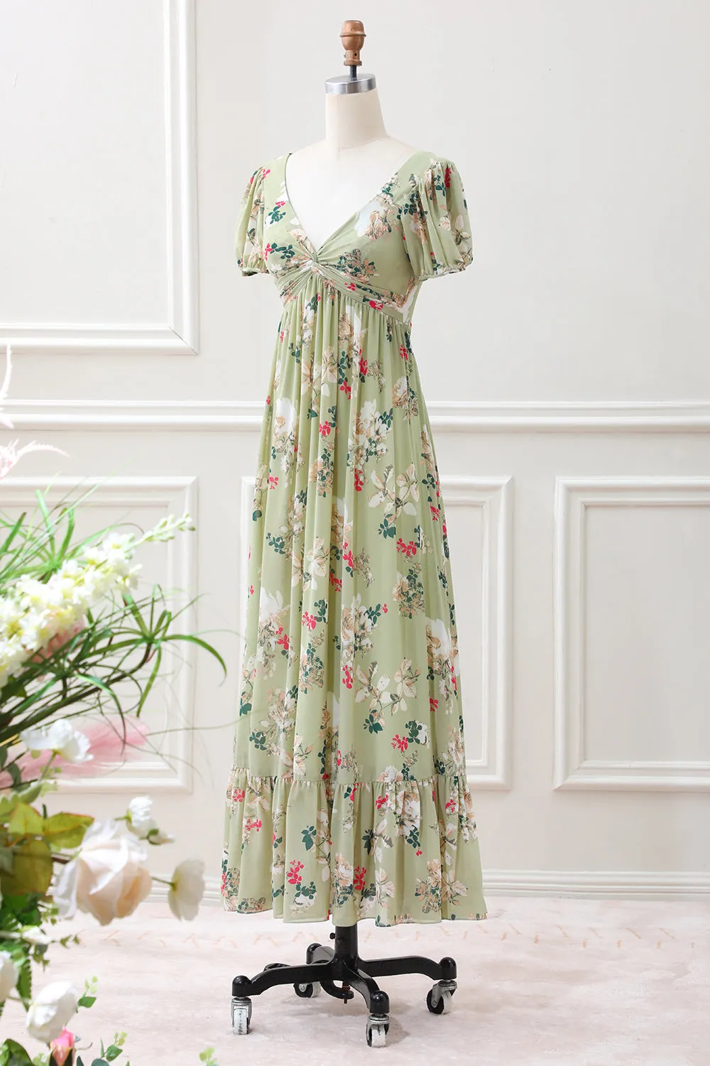 Green Flower A Line V Neck Tea Length Dress with Short Sleeves