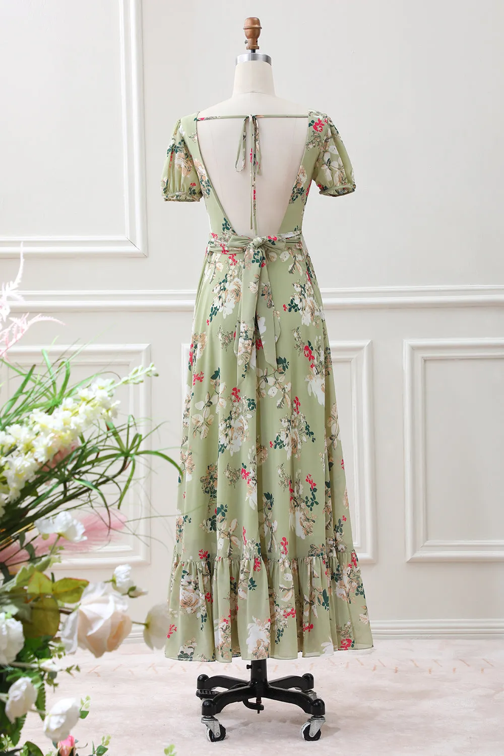 Green Flower A Line V Neck Tea Length Dress with Short Sleeves