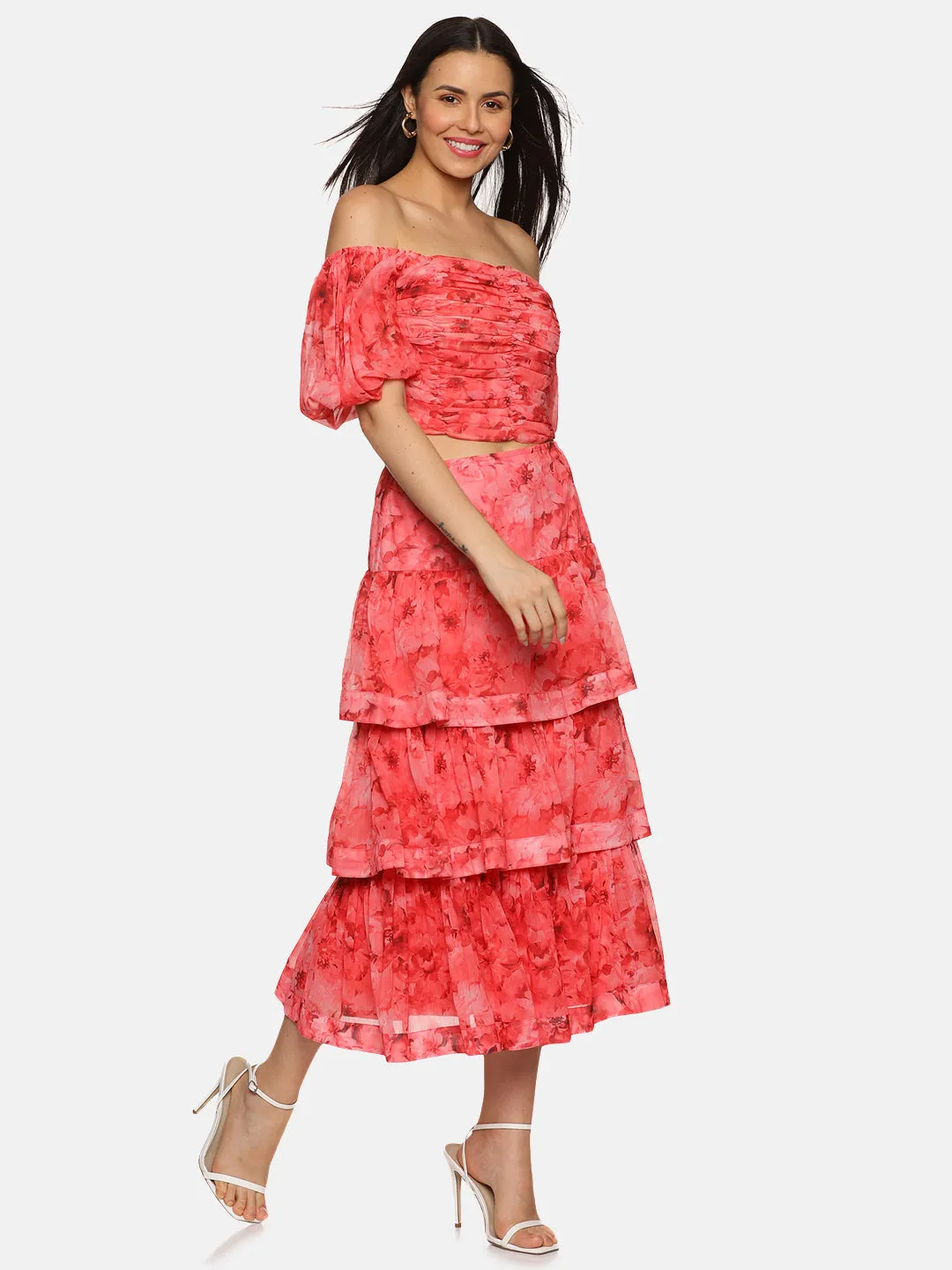 IS.U Floral Coral Tiered Skirt