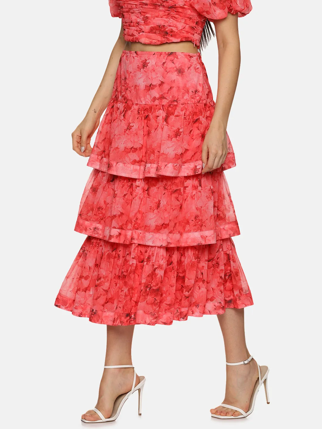 IS.U Floral Coral Tiered Skirt