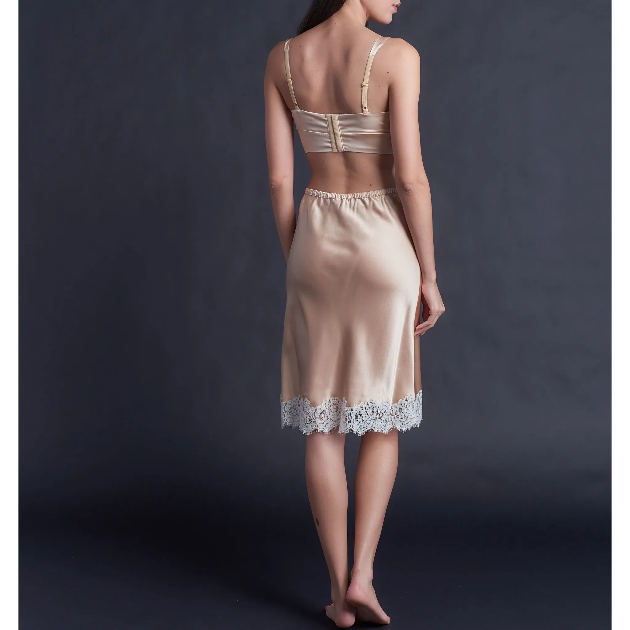 Kali Half Slip in Rose Gold Silk Charmeuse with Ivory Lace