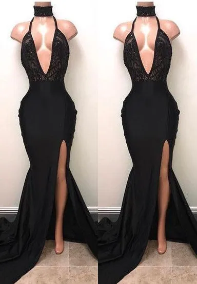 kamahe Chic Black High Neck Lace Front Split Mermaid Prom Party Gowns