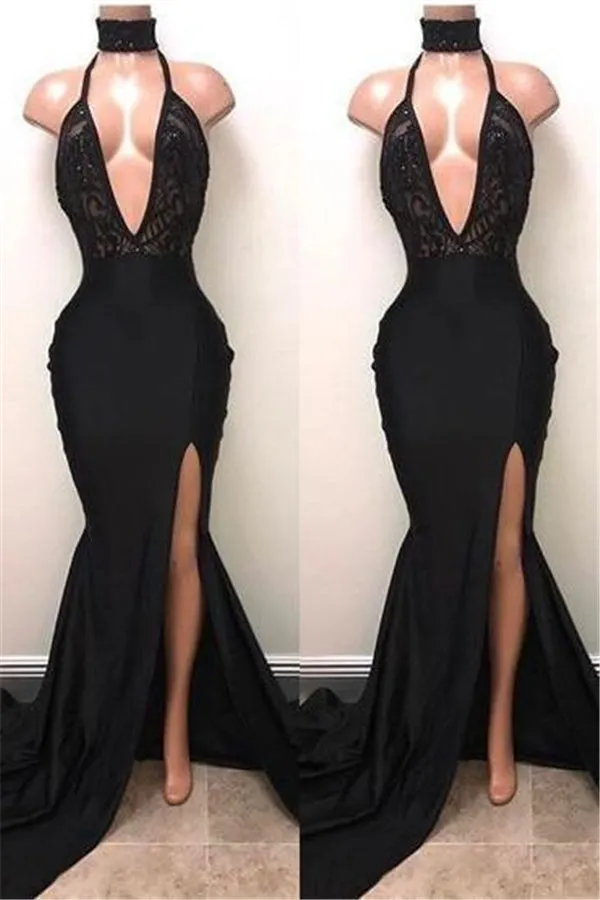 kamahe Chic Black High Neck Lace Front Split Mermaid Prom Party Gowns