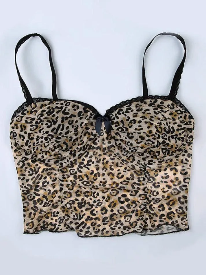 Leopard Print Bow Lace Splice Cami Top