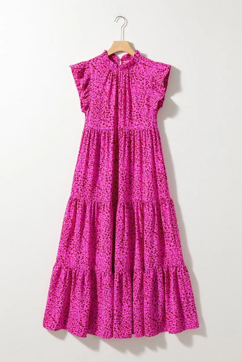 Long Ruffled Rose Pink Leopard Dress