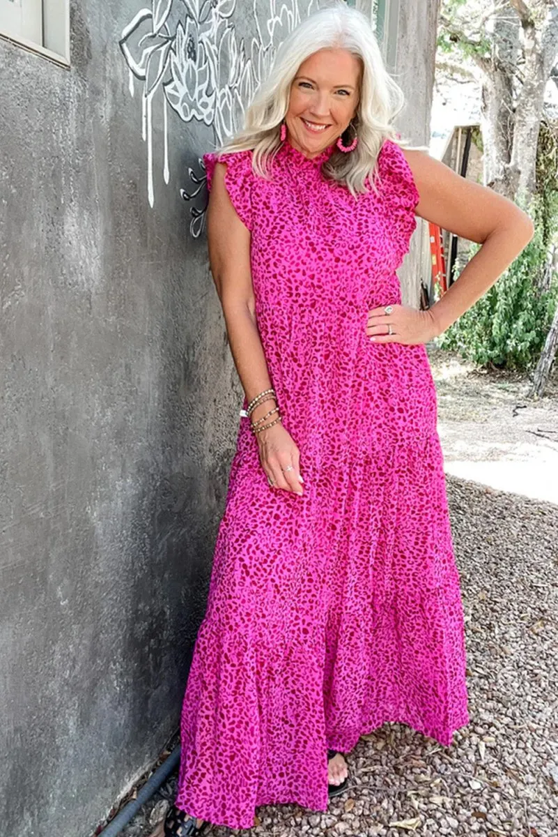 Long Ruffled Rose Pink Leopard Dress